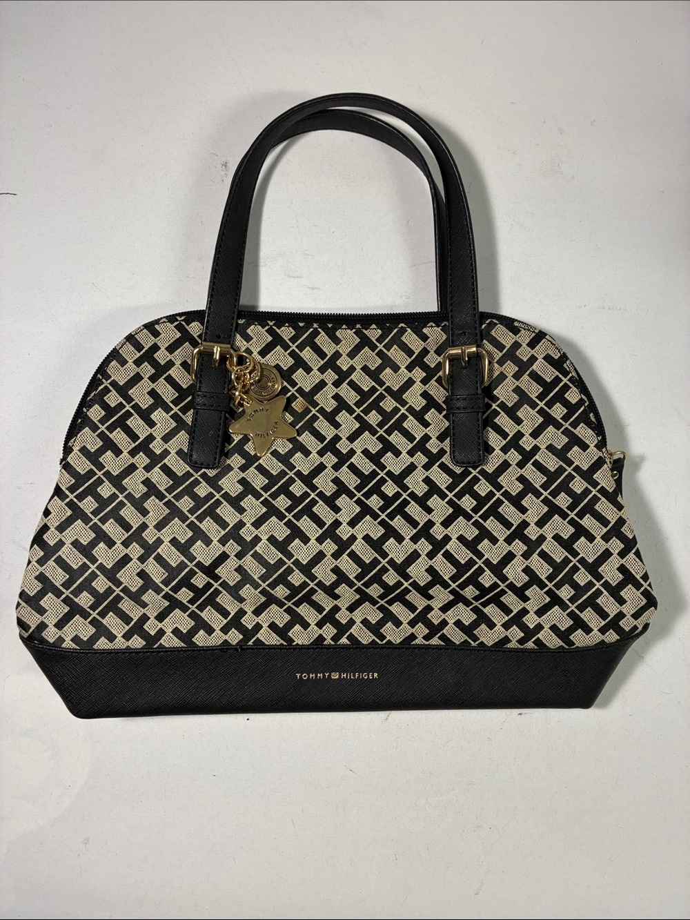 Tommy Hilfiger Black and Cream Patterned Dome Satchel